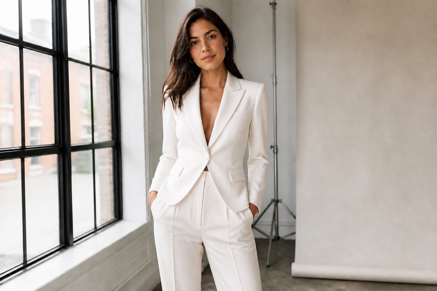 White editorial blazer suit (after)