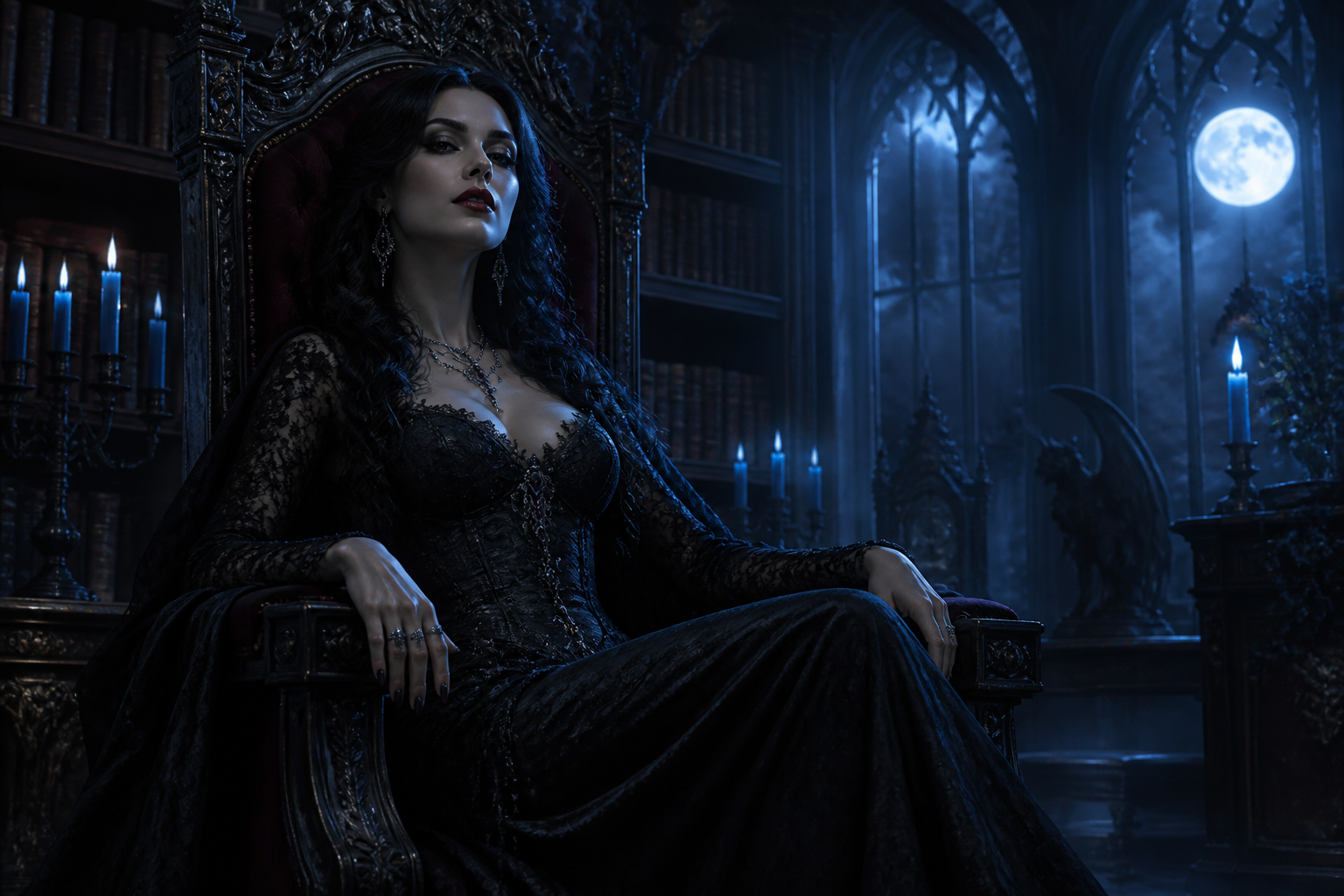 Vampire queen in moonlit library