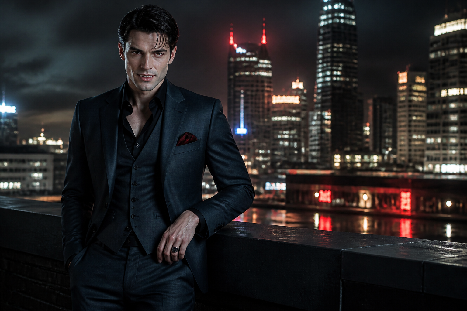 Modern vampire on city rooftop