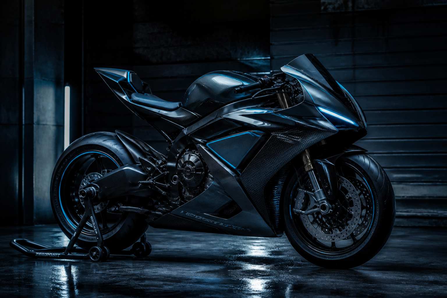 Neon superbike in garage