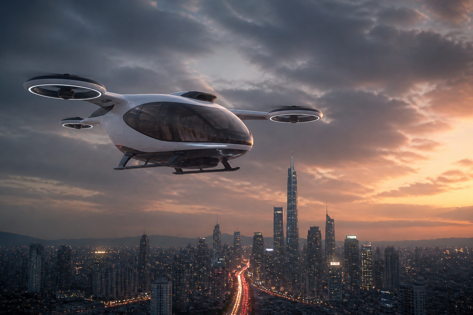 Flying taxi at dusk