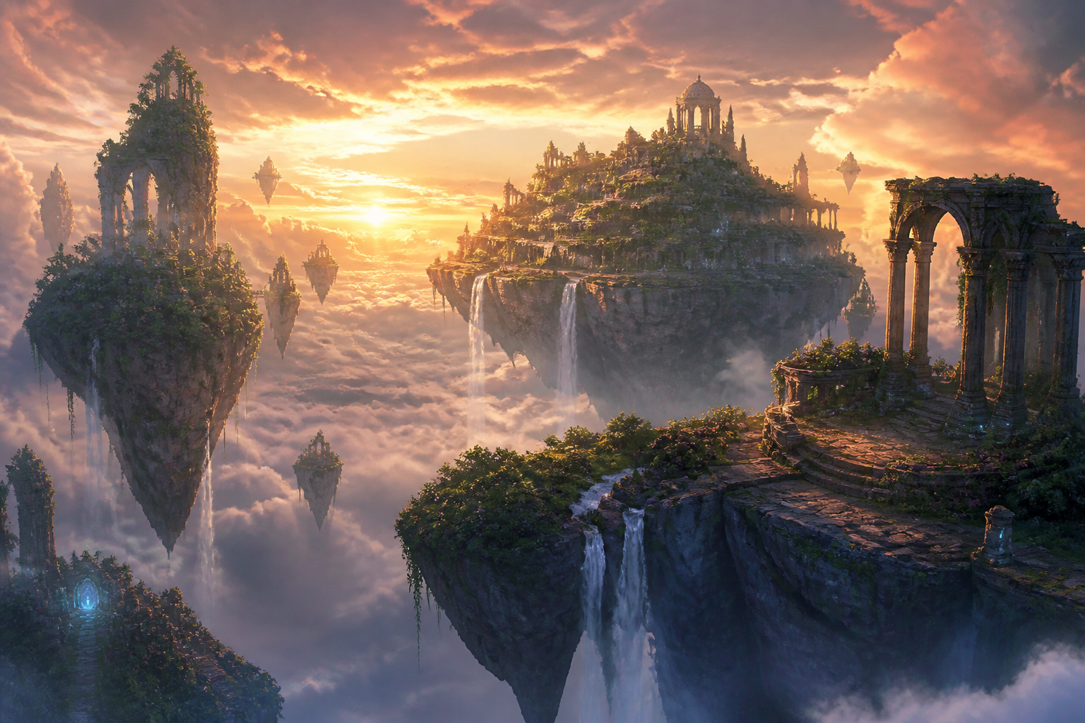 Floating islands at sunset