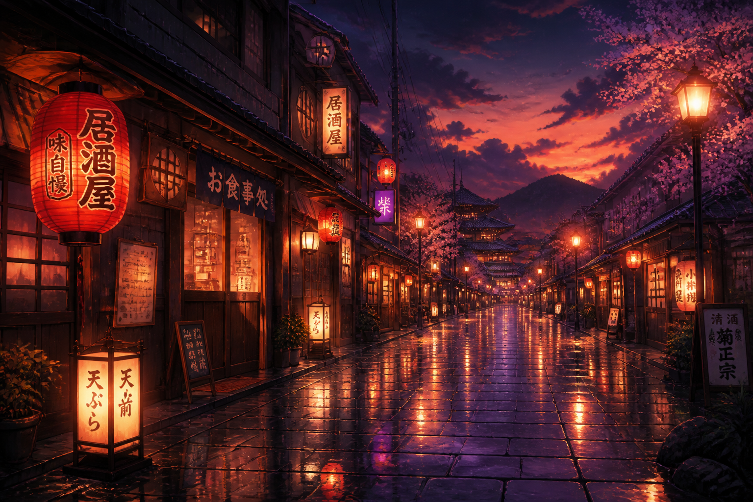 Anime street at dusk