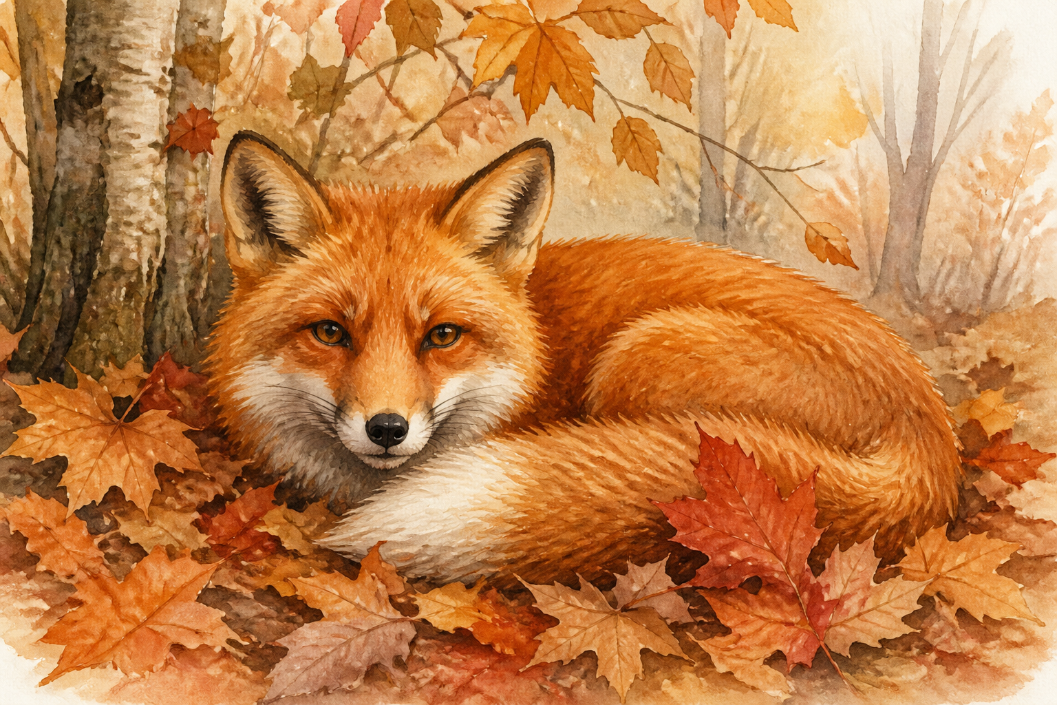 Fox in autumn leaves