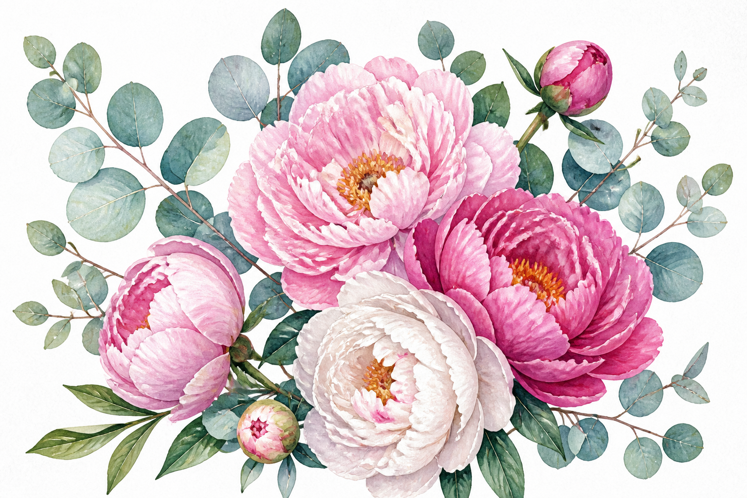 Botanical peonies and eucalyptus