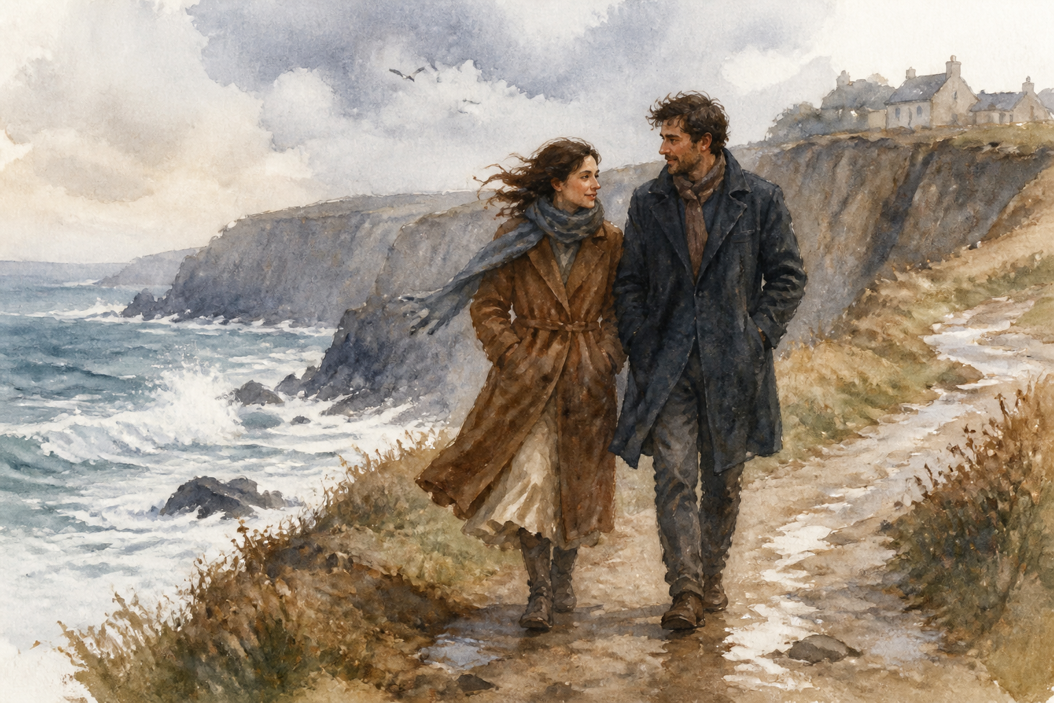 Seaside walk in watercolor