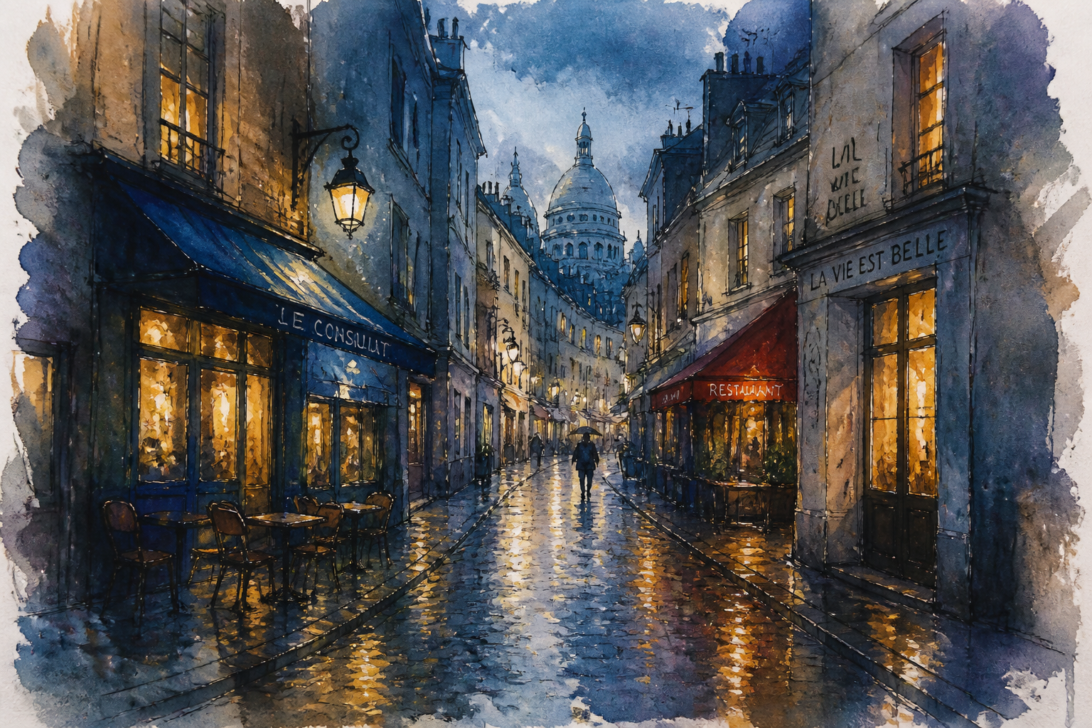 Rainy street watercolor scene