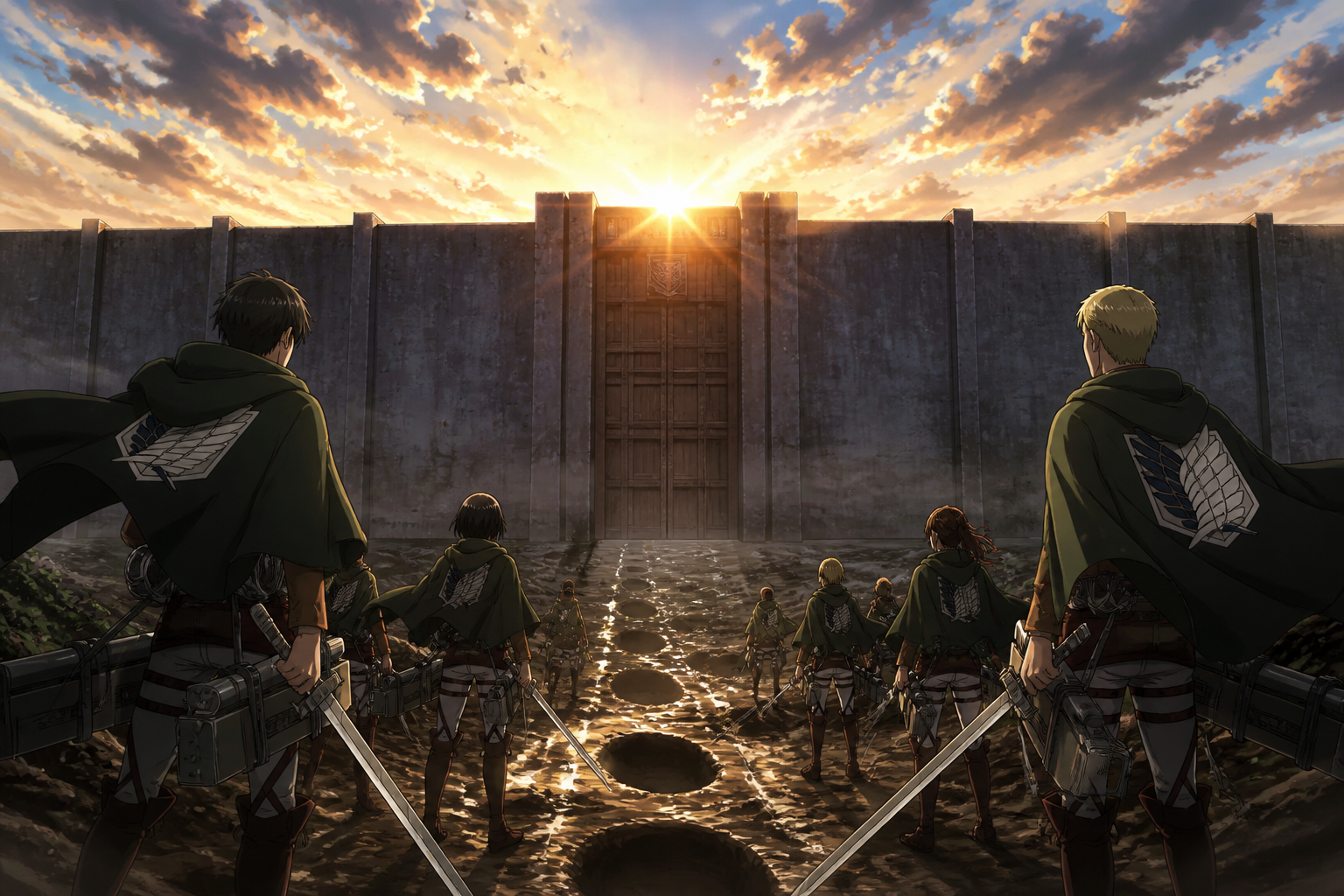 Team at the gate at sunrise