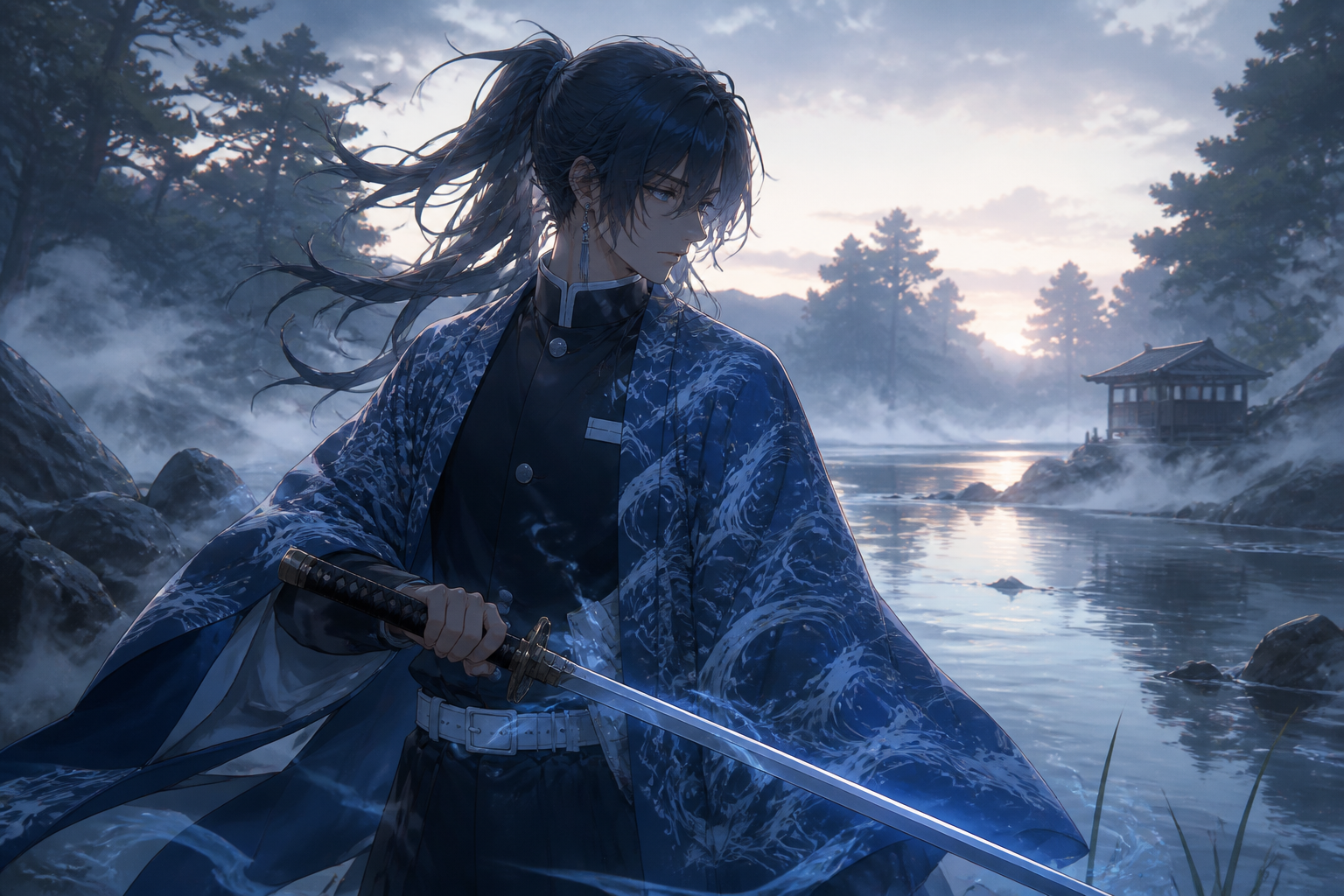Water-style swordsman at dawn