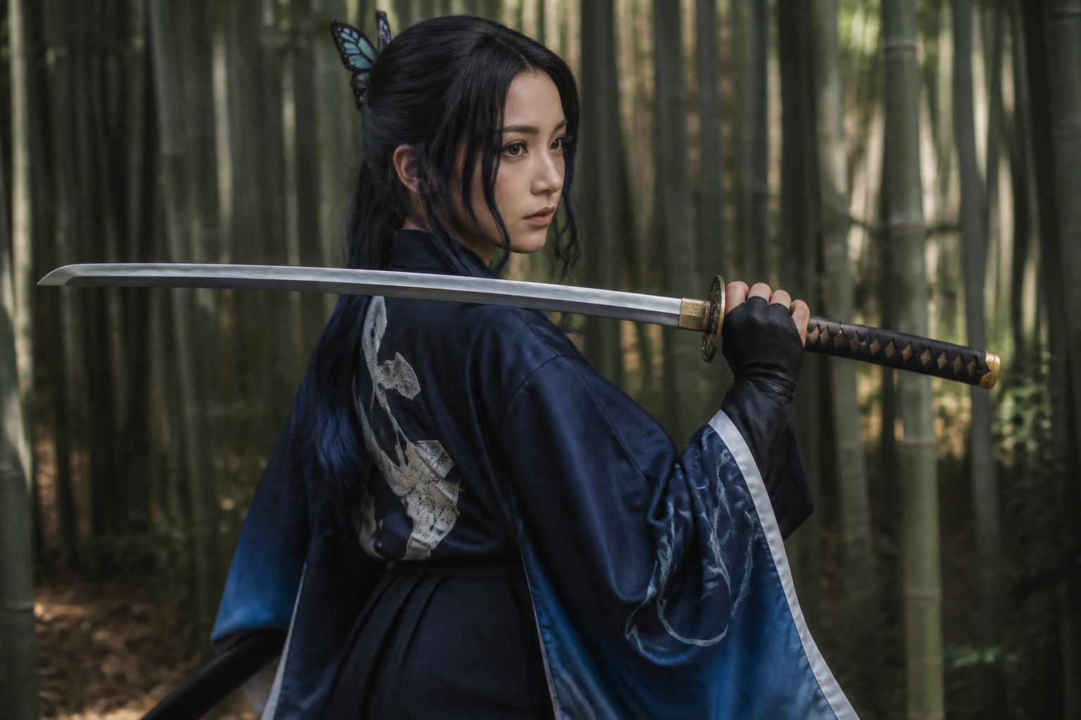 Realistic cosplay in bamboo grove