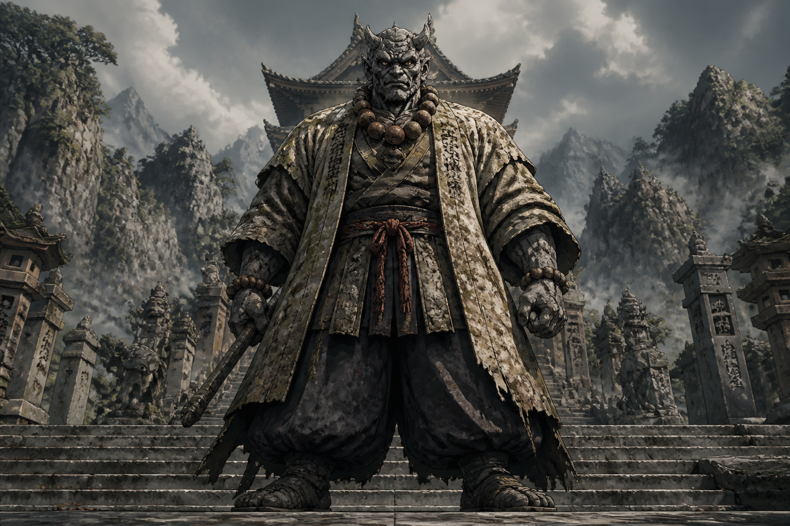 Stone guardian on temple steps