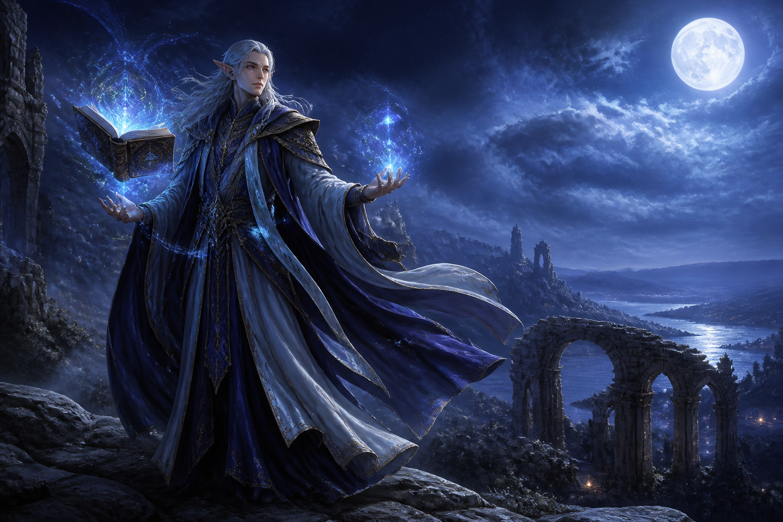 Elf wizard under moonlight