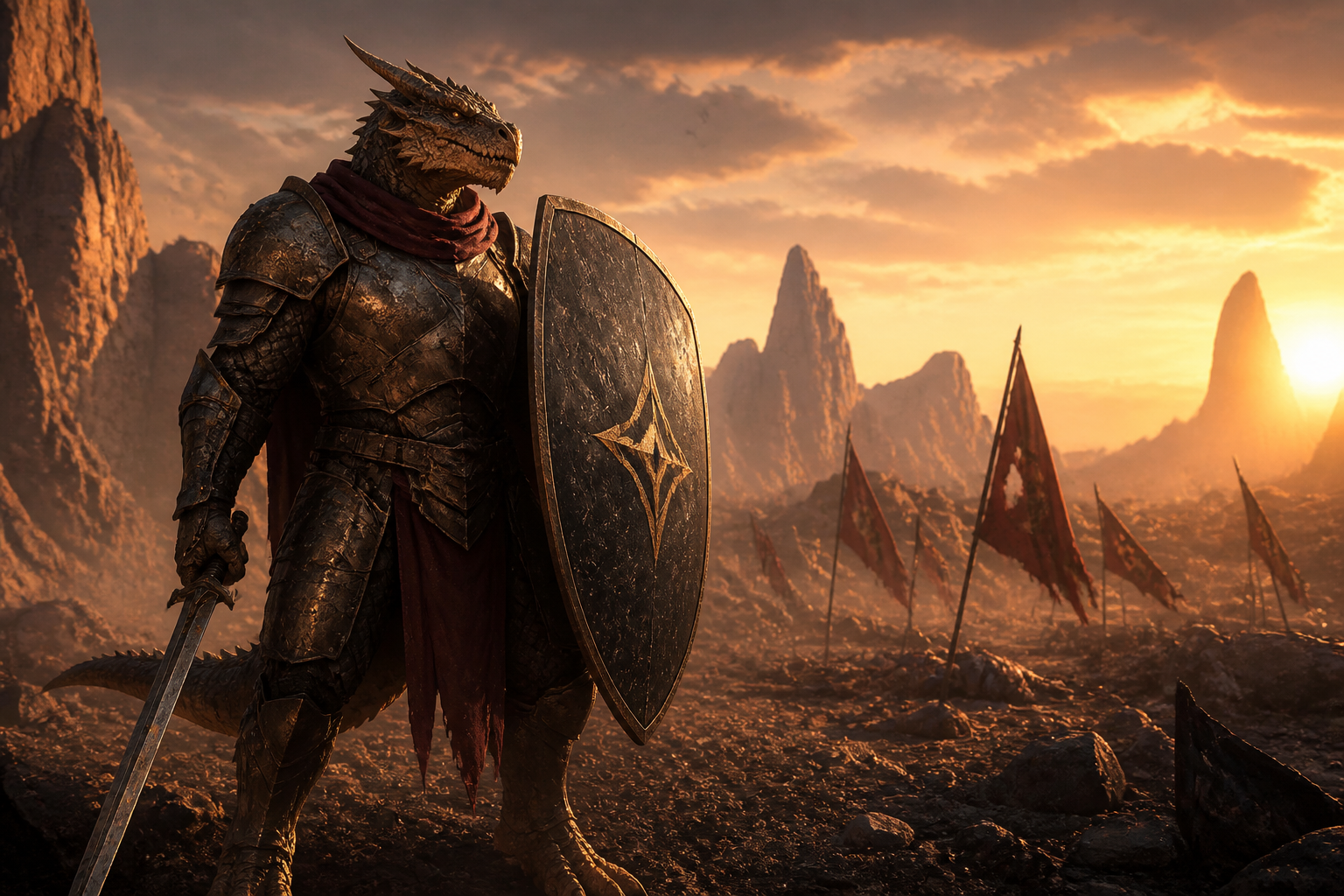 Dragonborn fighter at sunset