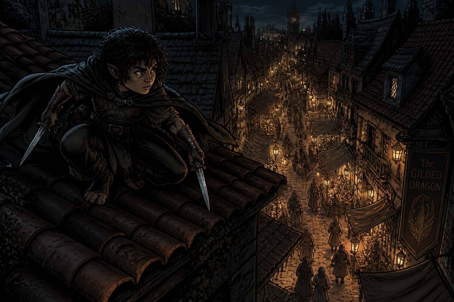 Halfling rogue on rooftops