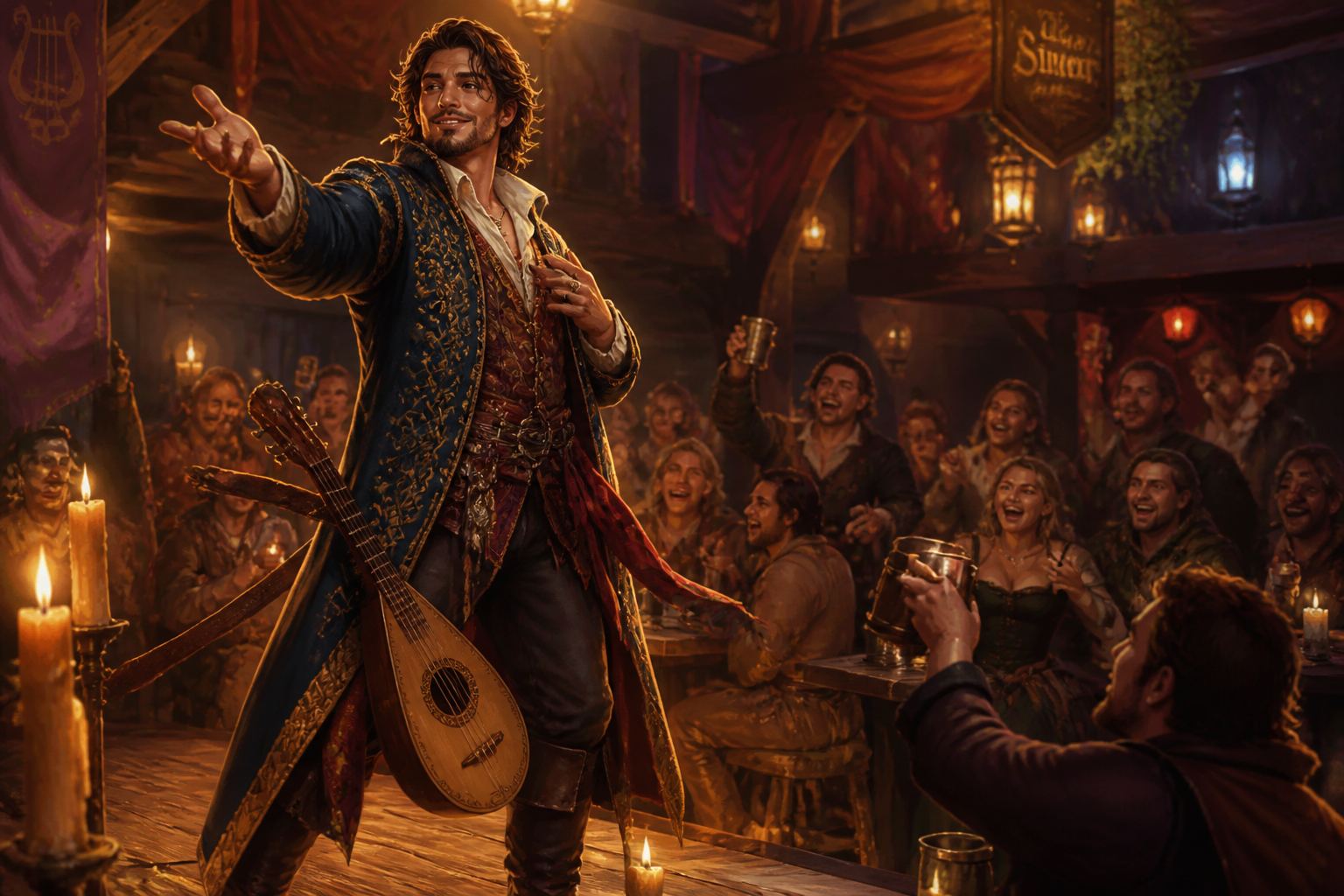 Human bard in tavern