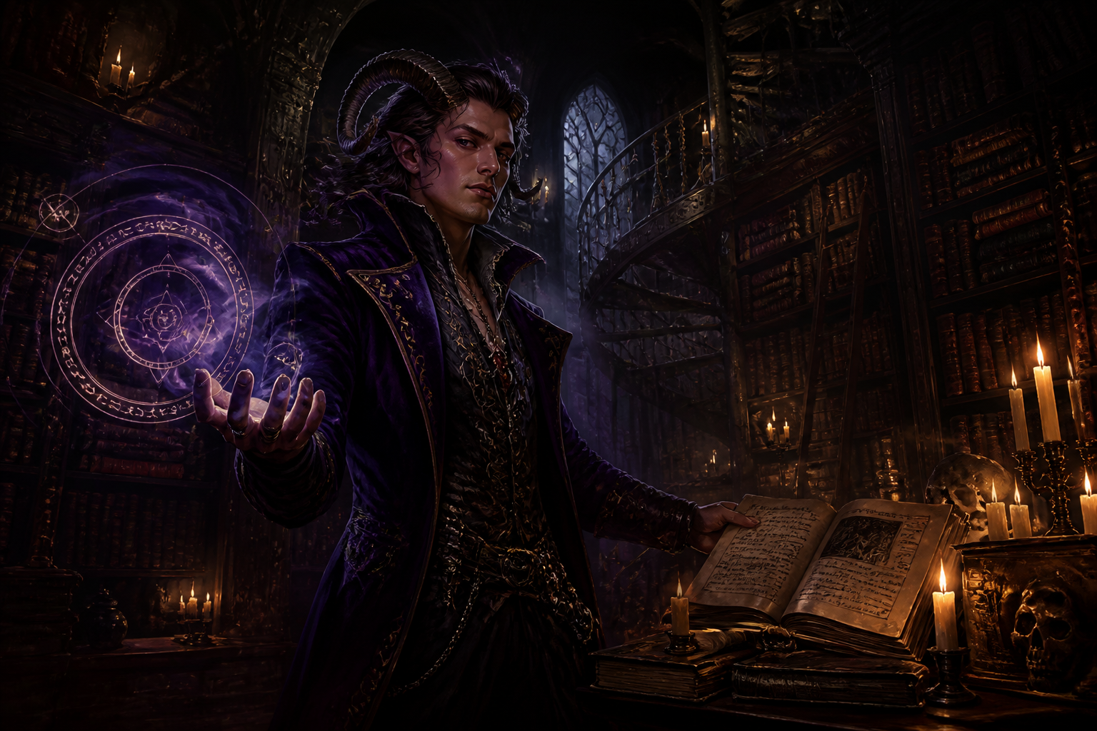 Tiefling warlock in library