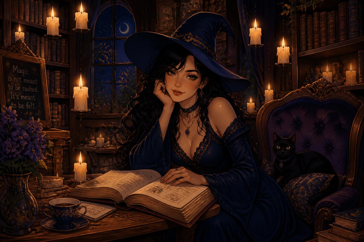 Cozy witch in candlelit library