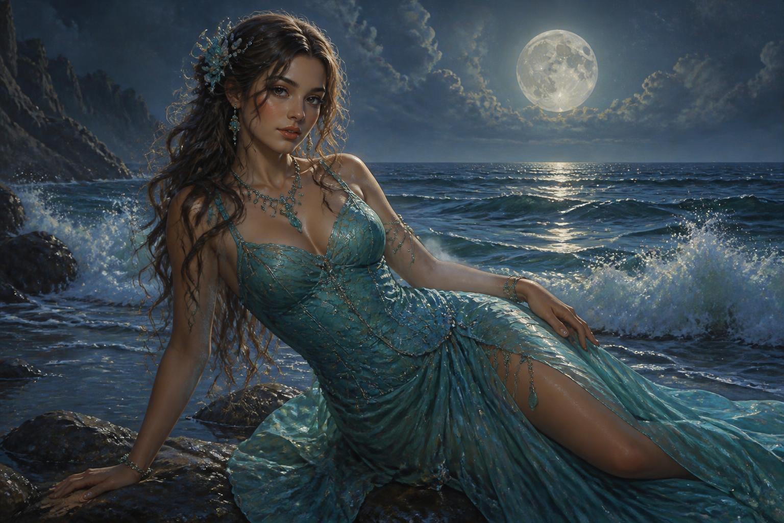 Moonlit sea muse on shore