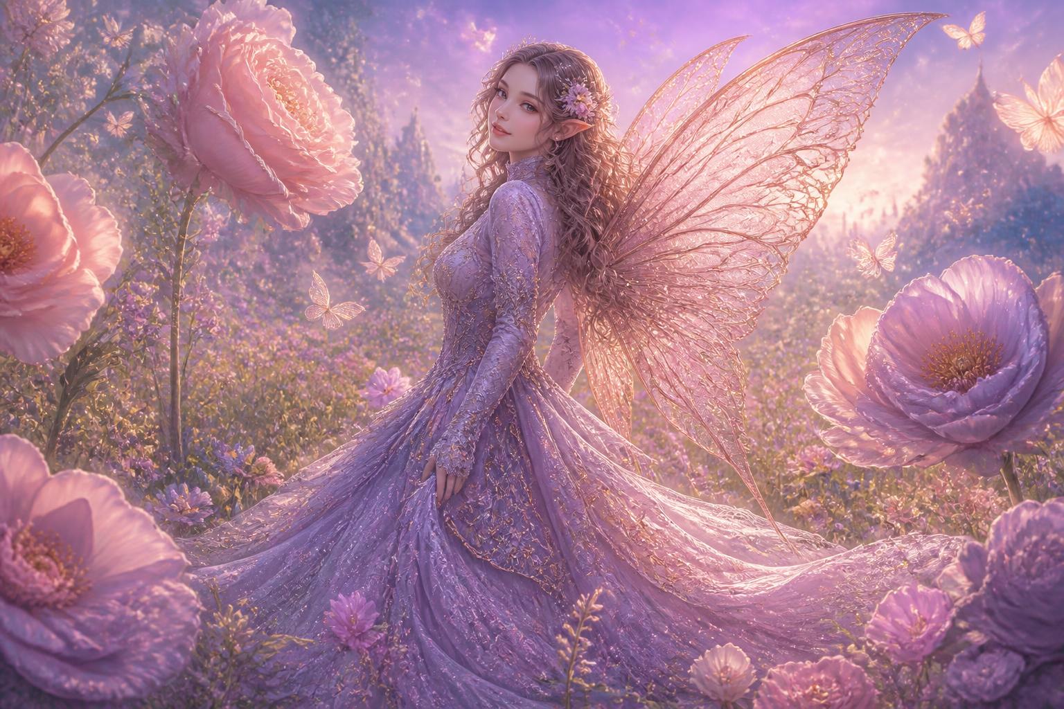 Rose-winged fae in meadow