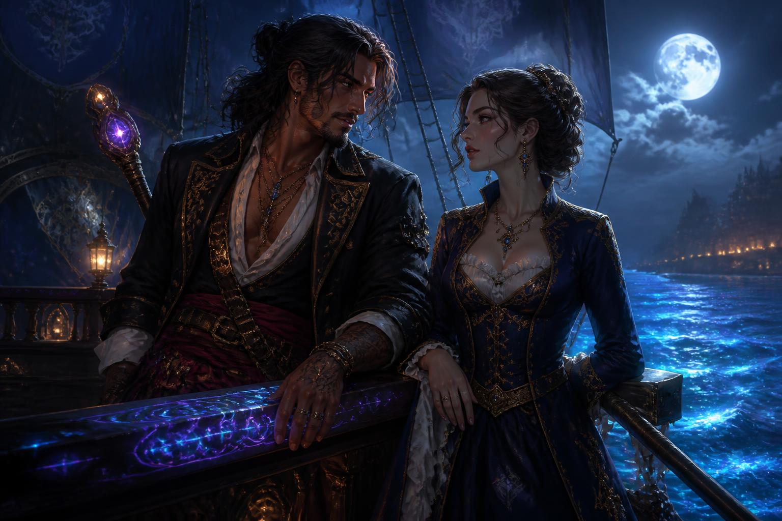 Pirate mage under moonlit sails