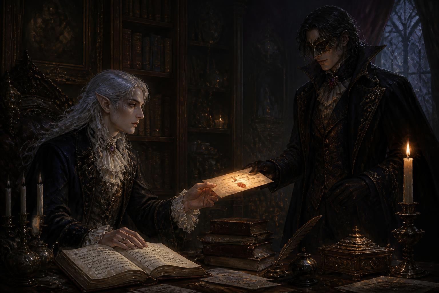Masked duke in a candlelit library