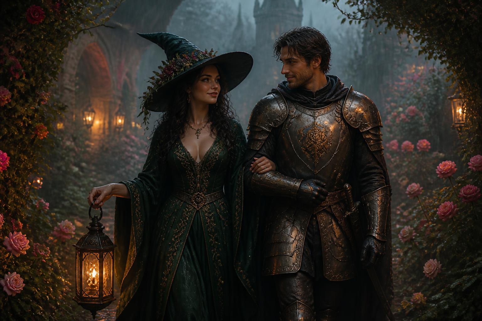 Witch and knight in the rose garden