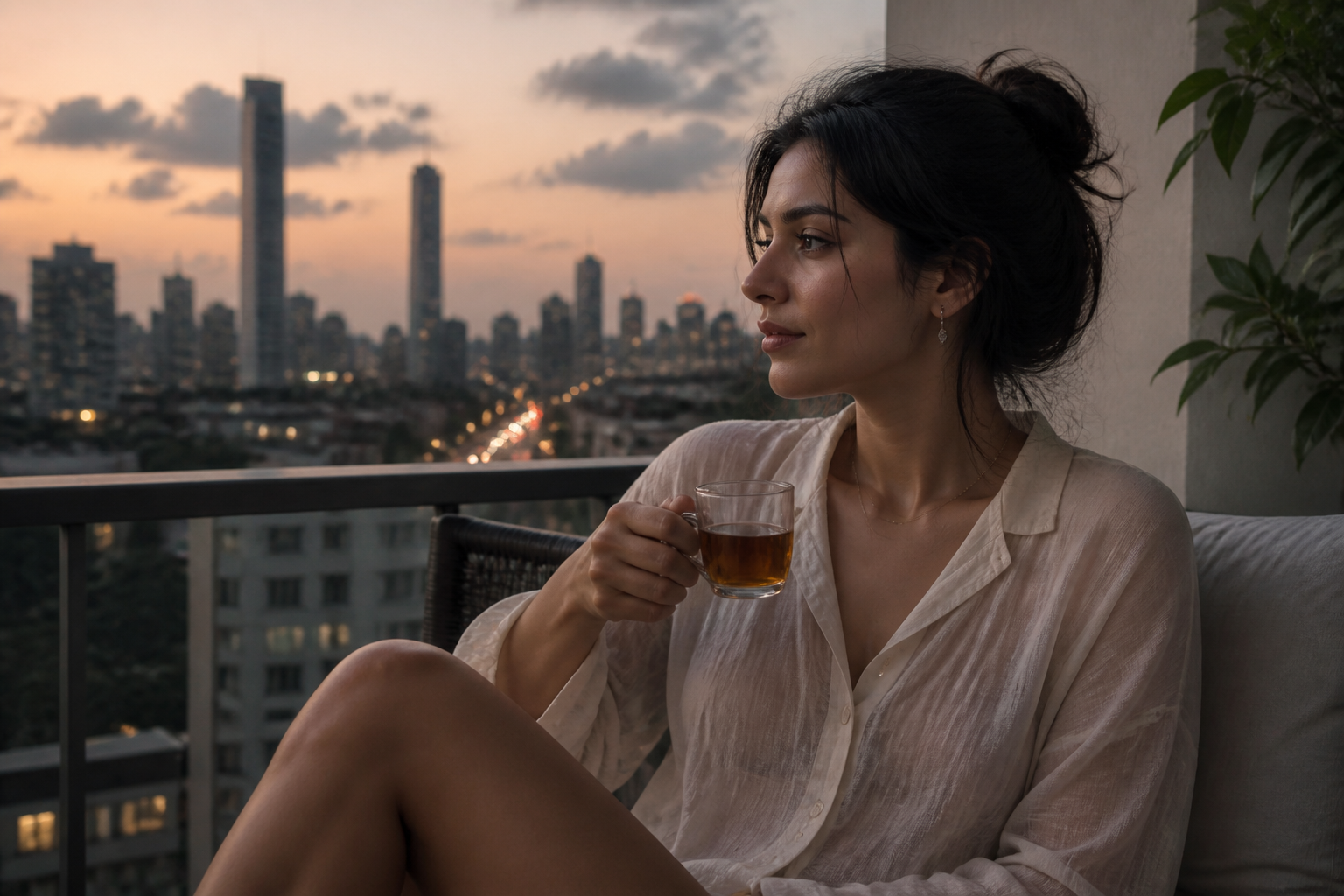 City dusk balcony portrait
