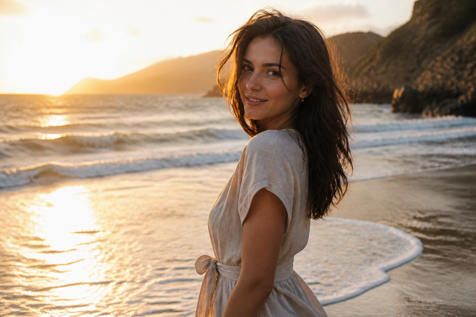 Sunset beach windblown portrait
