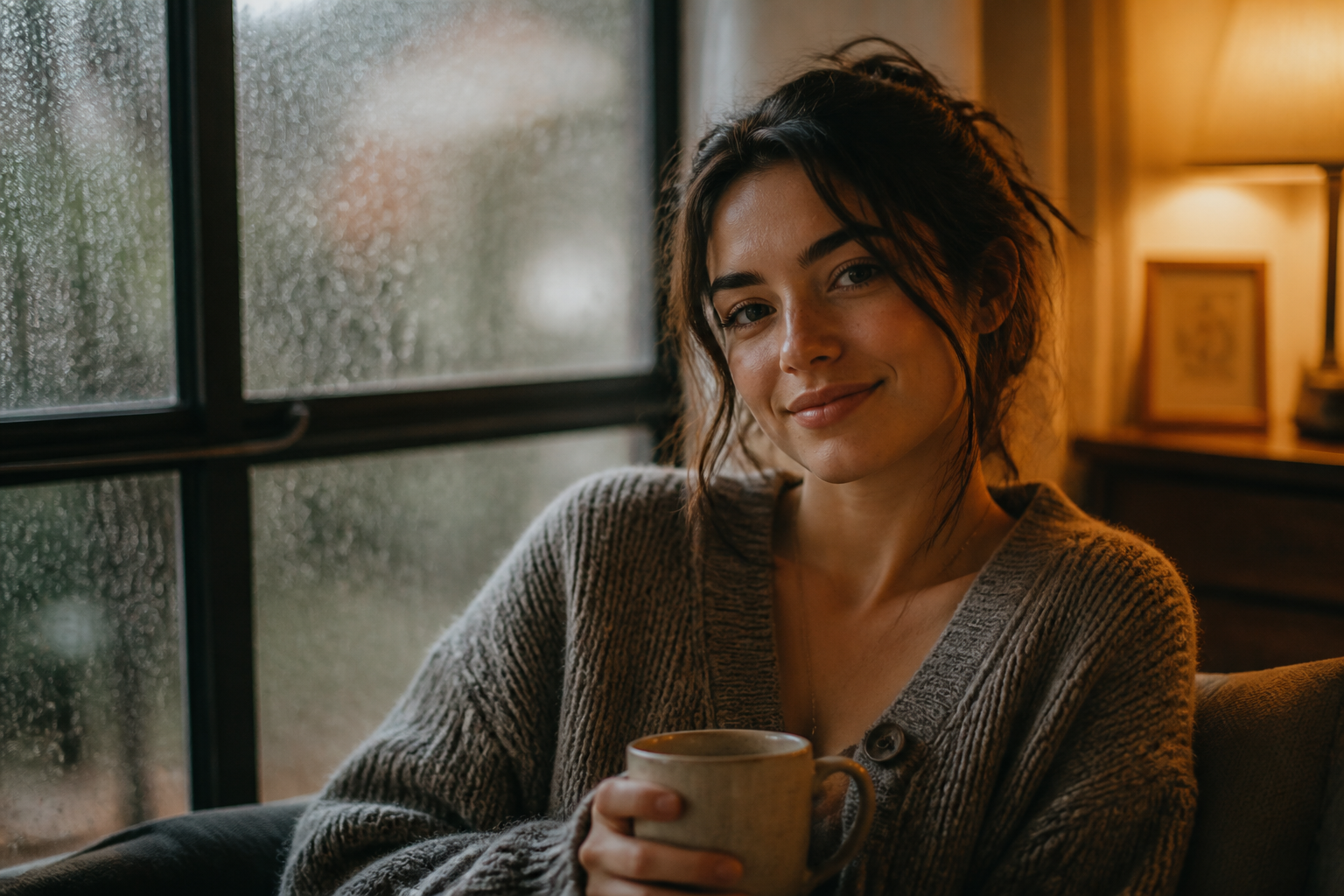Rainy day relaxed candid portrait