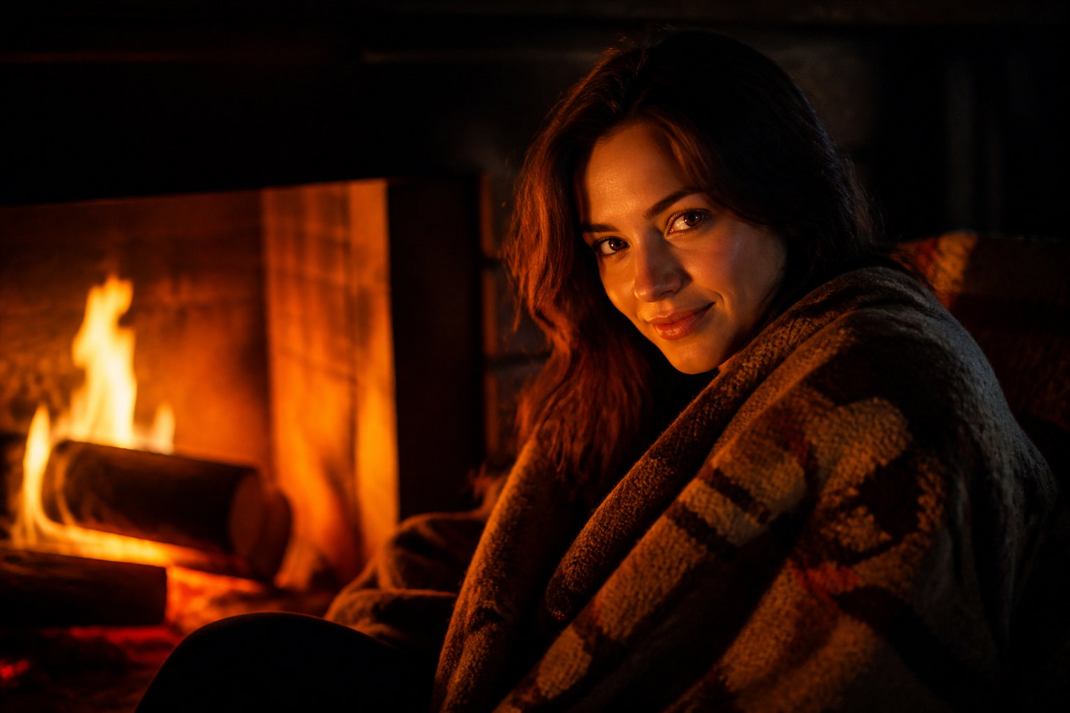 Cosy firelight evening portrait