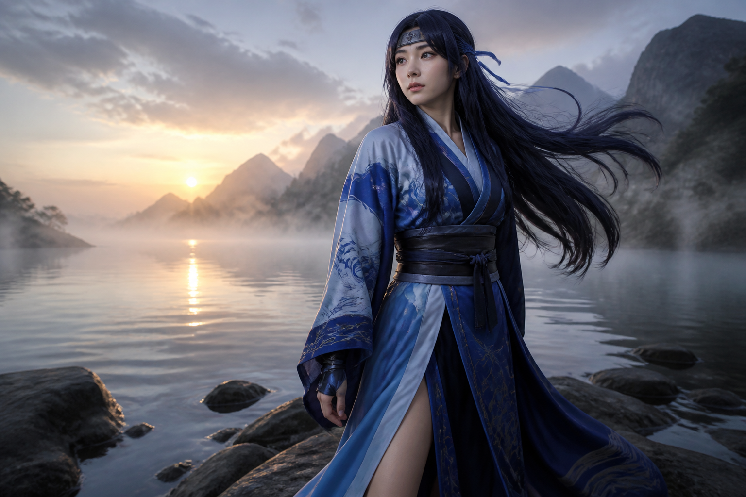 Water-style kunoichi at dawn