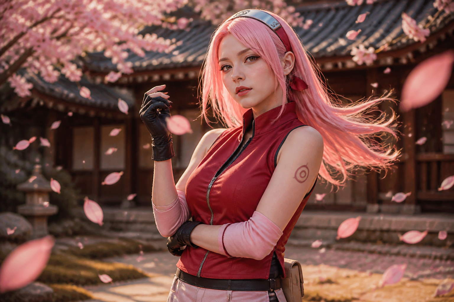 Pink-haired kunoichi cosplay