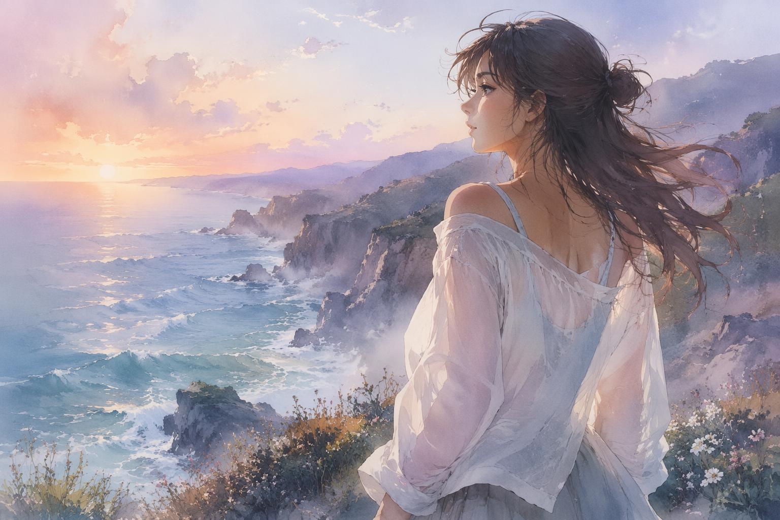 Dawn coastal cliff anime character