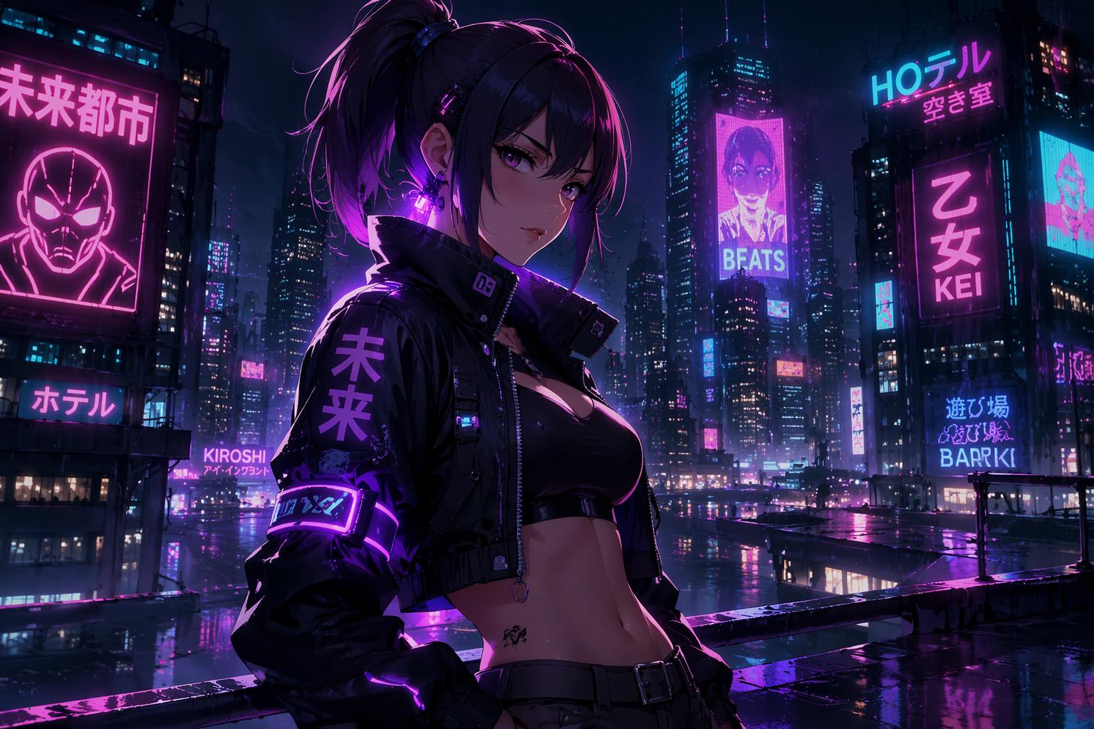 Cyberpunk rooftop anime character