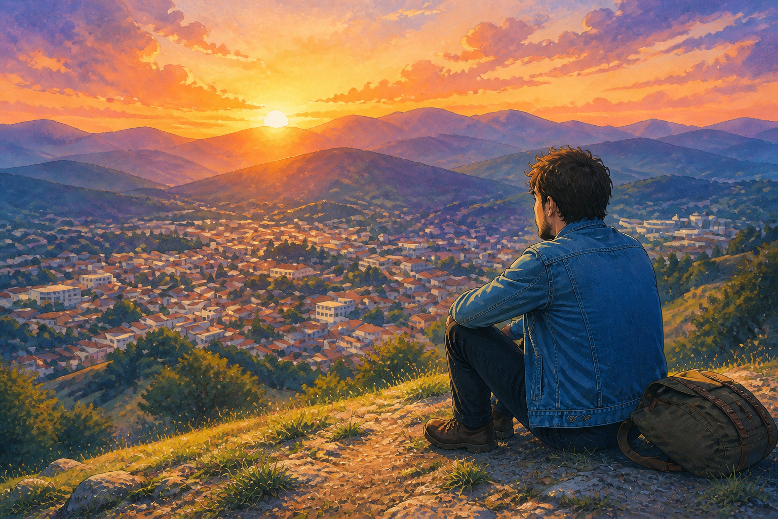 Hillside sunset in anime paint (after)
