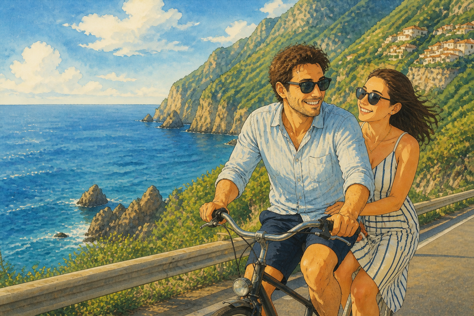 Seaside bike ride in painted style (after)