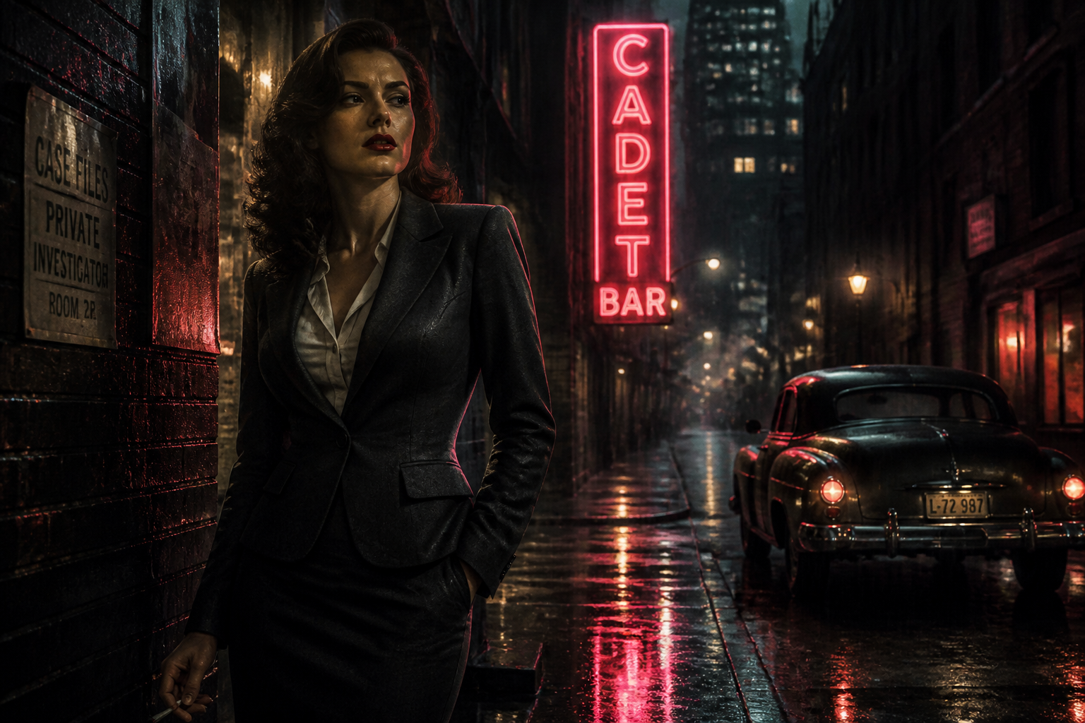Noir detective character in rainy alley