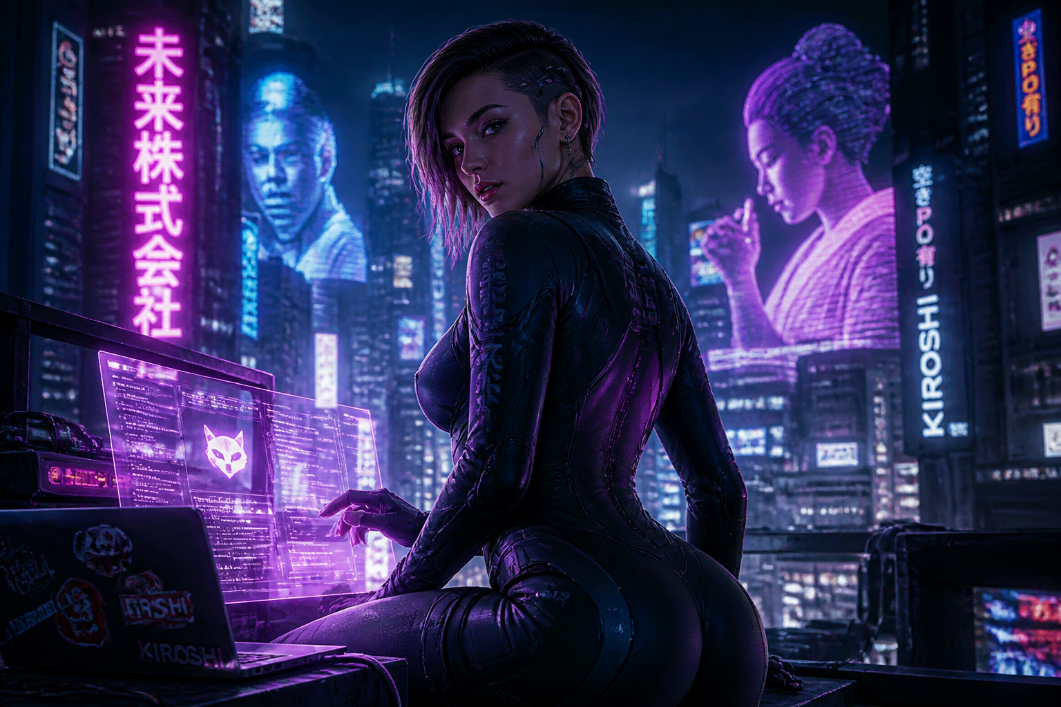 Cyberpunk netrunner rooftop portrait
