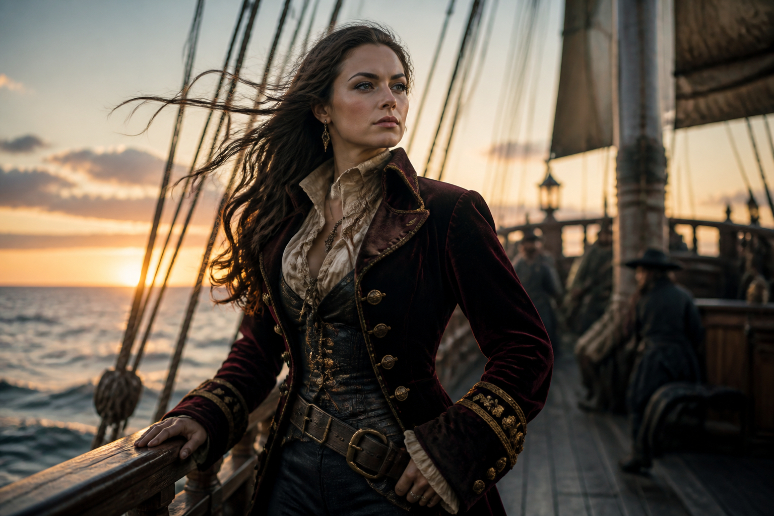 Pirate captain on dawn ship deck
