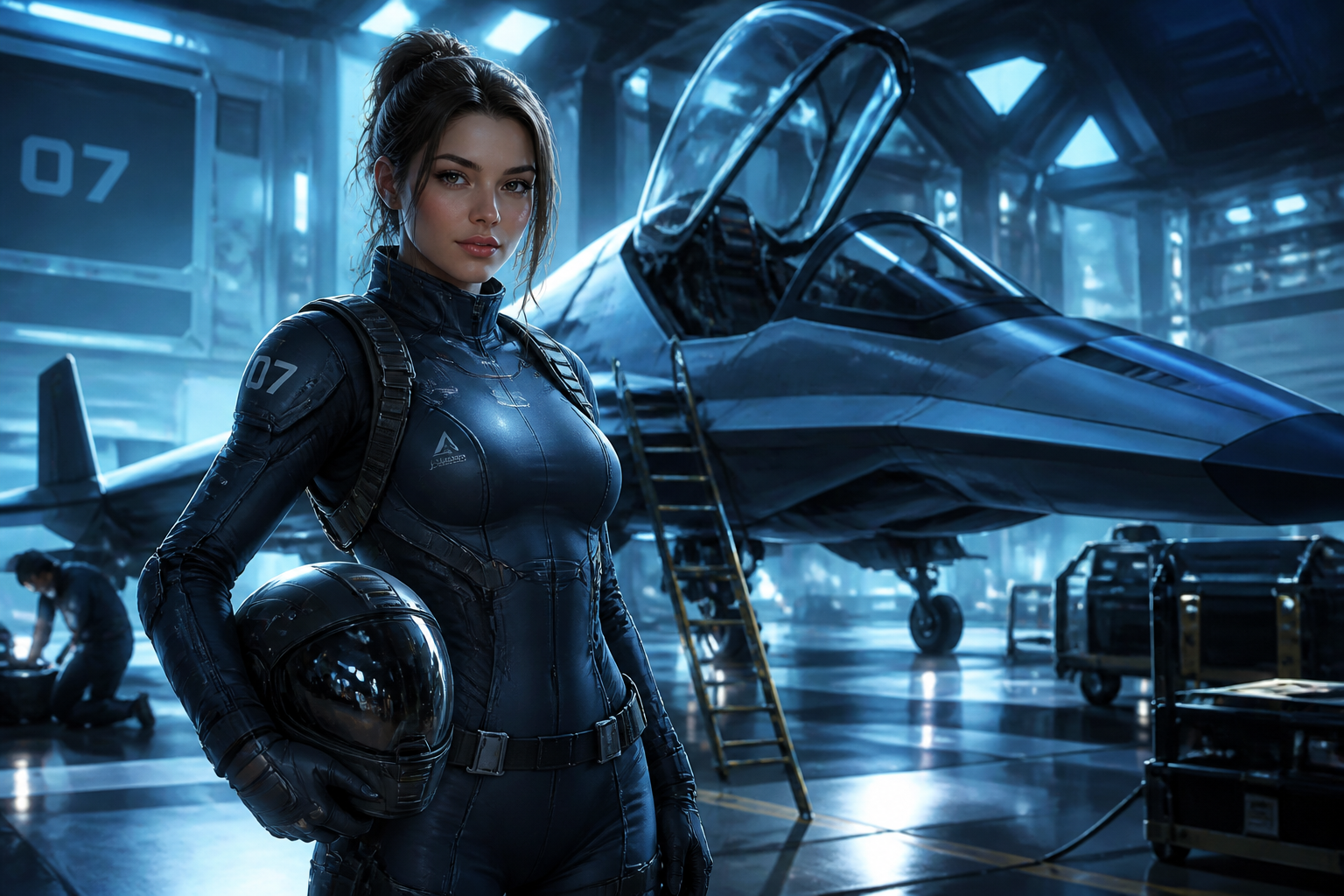 Space pilot in ship hangar