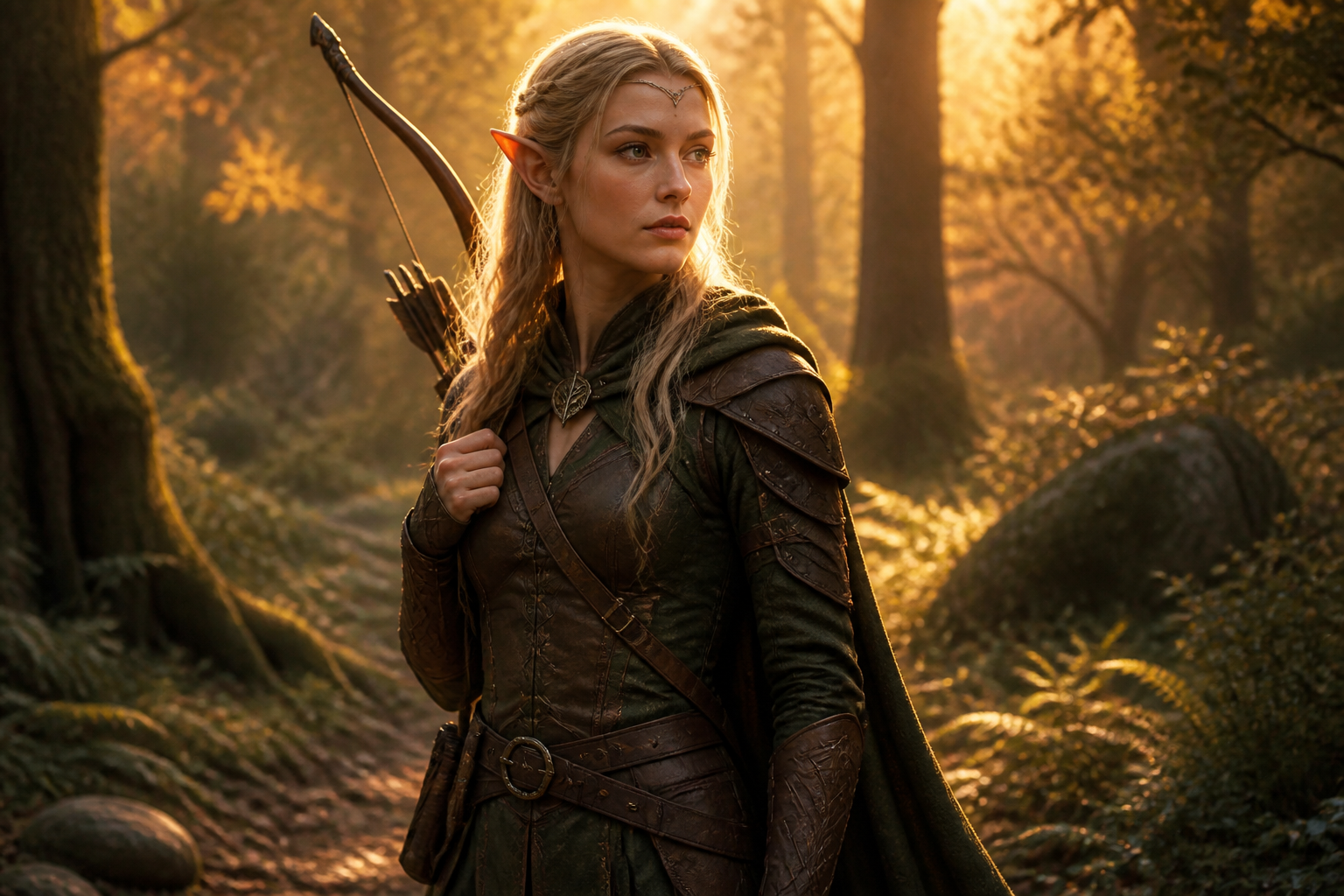 Elven ranger in sunlit woodland