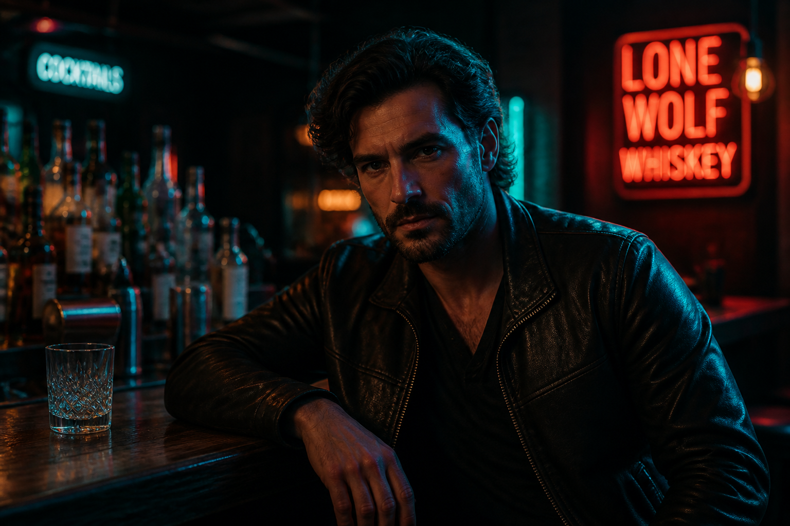 Neon lit bar portrait