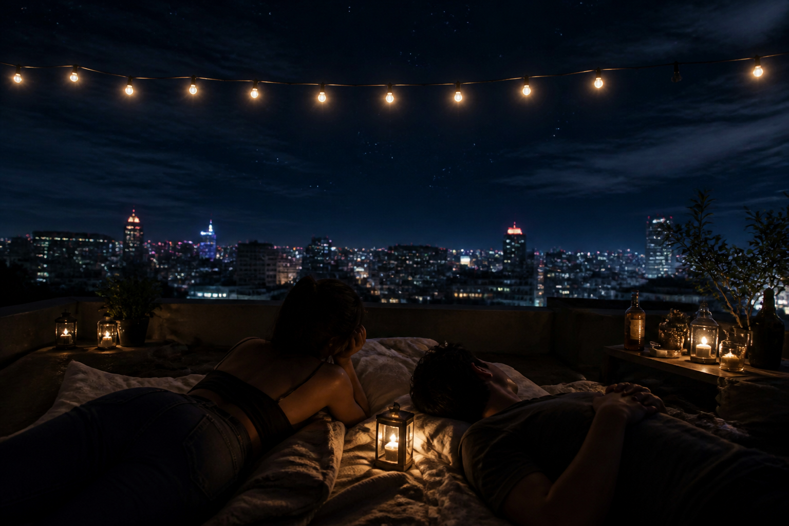 Starlit rooftop intimate blanket scene