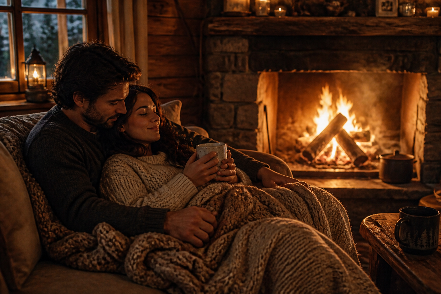 Cabin fireplace cozy intimate scene