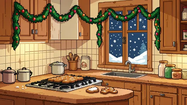 Retro pixel art of a cozy Christmas kitchen with gingerbread, garlands, and falling snow outside the window