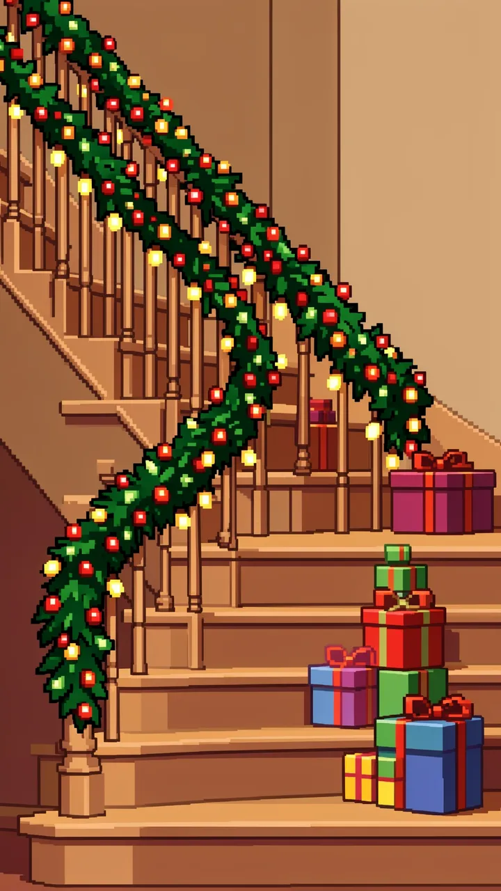 Retro pixel art of a wooden staircase draped in lit Christmas garland with wrapped gifts on the steps