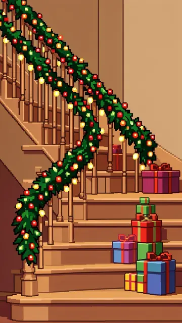 Retro pixel art of a wooden staircase draped in lit Christmas garland with wrapped gifts on the steps