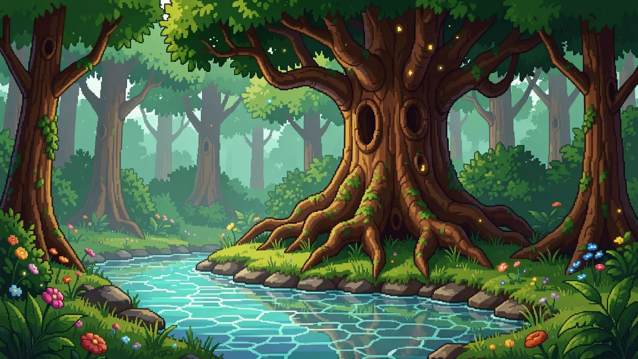Pixel art retro enchanted forest scene with a giant ancient tree beside a clear winding stream