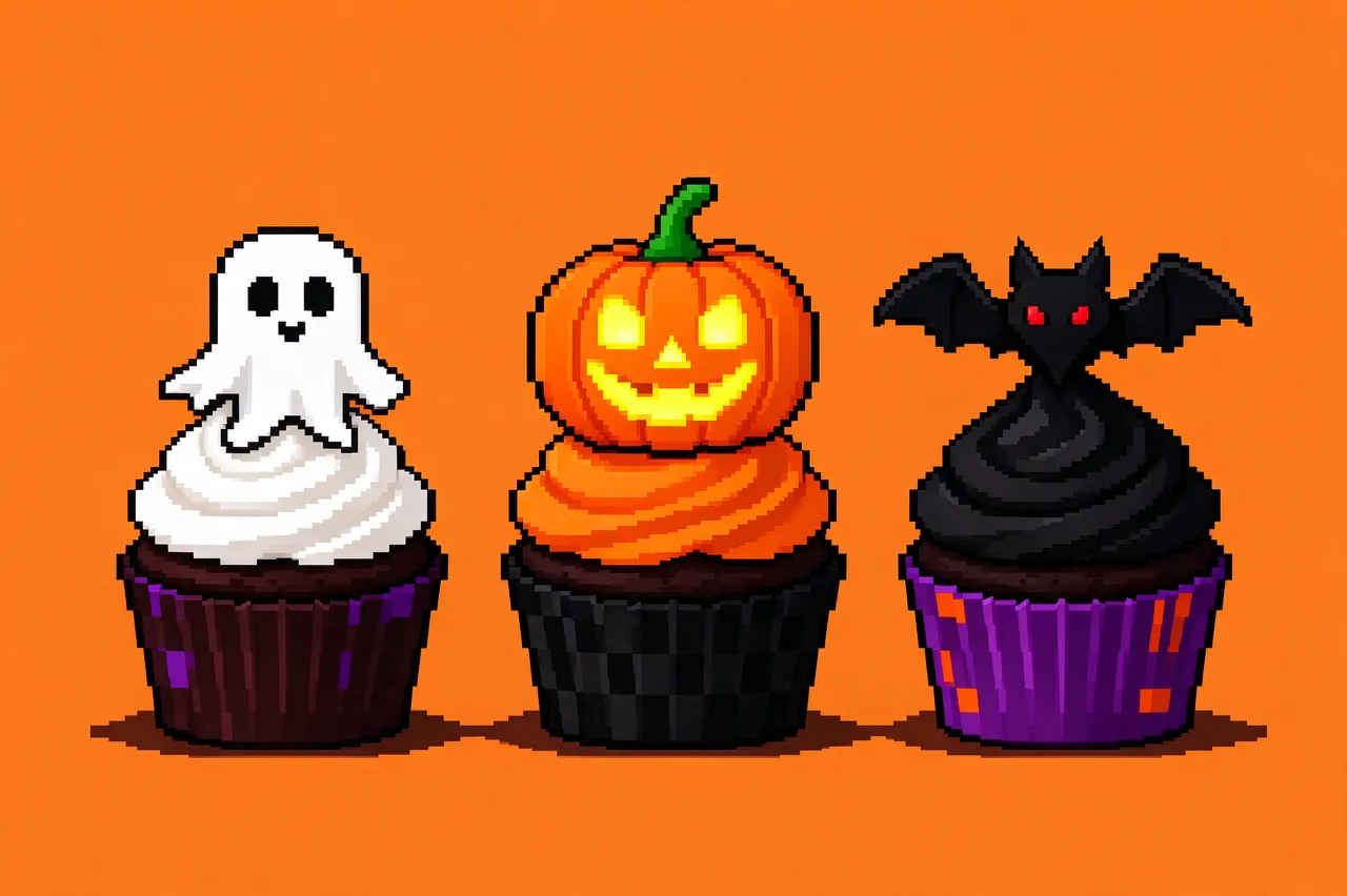 Retro pixel art of three Halloween themed cupcakes topped with a ghost, jack-o'-lantern and bat on a solid orange background