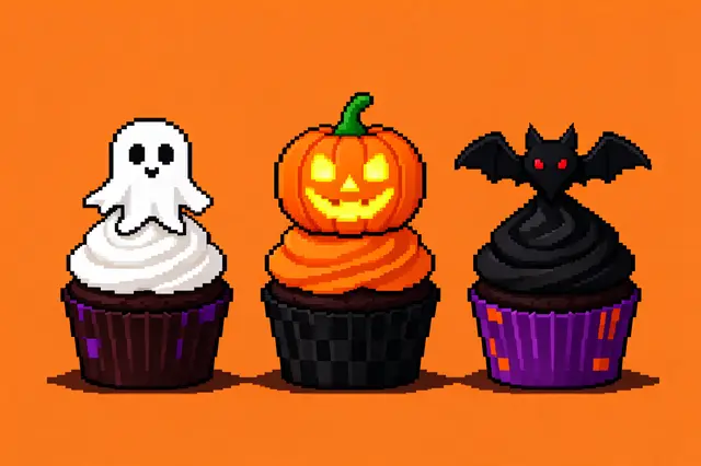 Retro pixel art of three Halloween themed cupcakes topped with a ghost, jack-o'-lantern and bat on a solid orange background